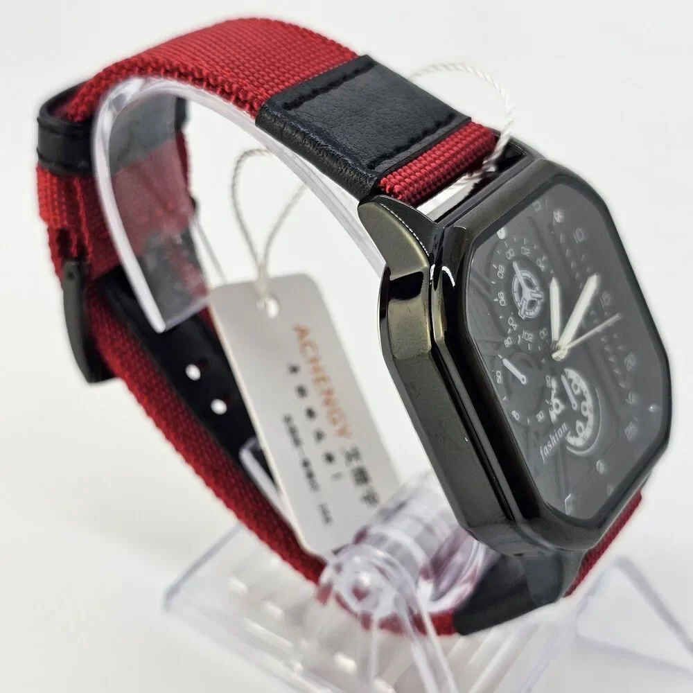 Men's Minimalist Watch 42MM Black Dial Date Indicator Black Red Canvas Bands‎
